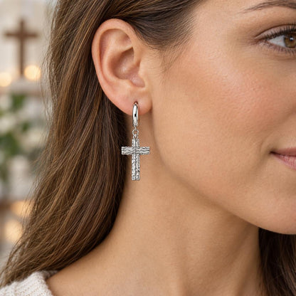 Rustic Bark Cross Huggie Charm Earrings – worn / in use