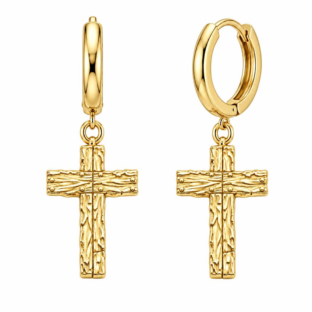 Rustic Bark Cross Huggie Charm Earrings – 18K gold, front view