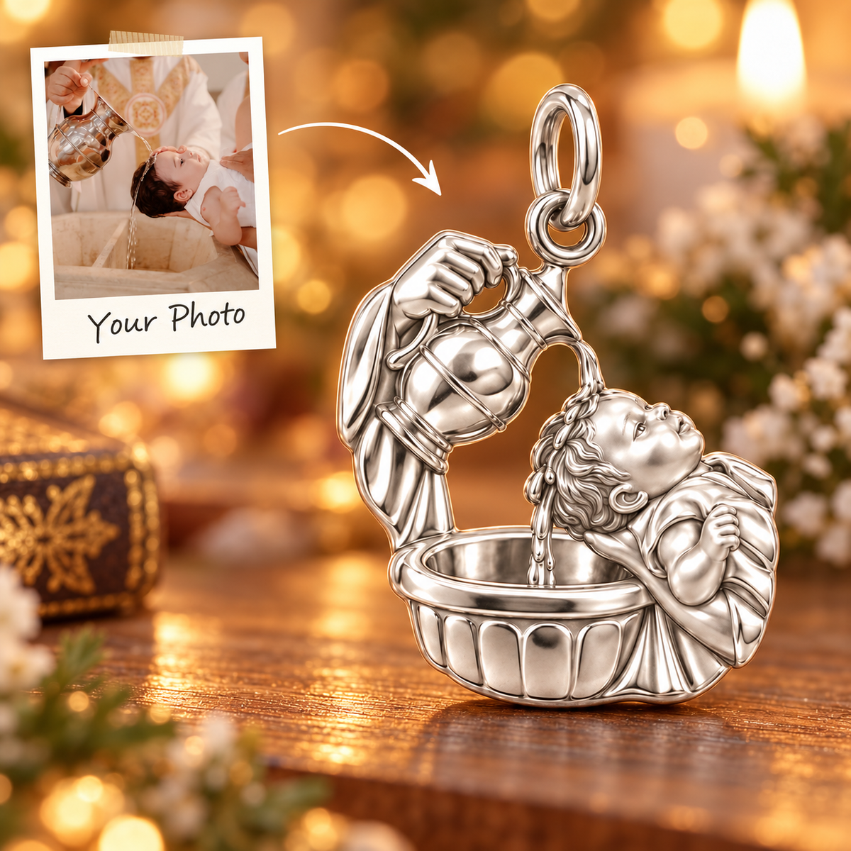 Sacred Baptism Moment Charm Bracelet – Personalized Memorial Gift – macro detail of the charm