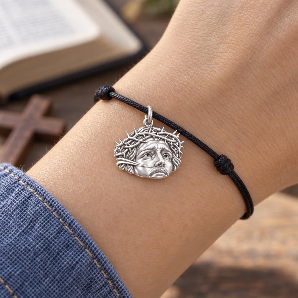 Sacred Crown Of Thorns Charm Bracelet – Personalized Priest Gift – worn on the wrist on a black cord bracelet