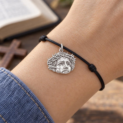 Sacred Crown Of Thorns Charm Bracelet – Personalized Priest Gift – worn on the wrist on a black cord bracelet