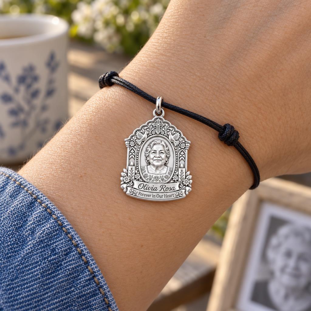 Sacred Remembrance Charm Bracelet – Personalized Memorial Gift – worn on the wrist on a black cord bracelet