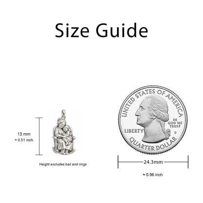 Safe in Grandma’s Arms Charm size guide — 13 mm body excluding bail and rings; quarter diameter 24.3 mm