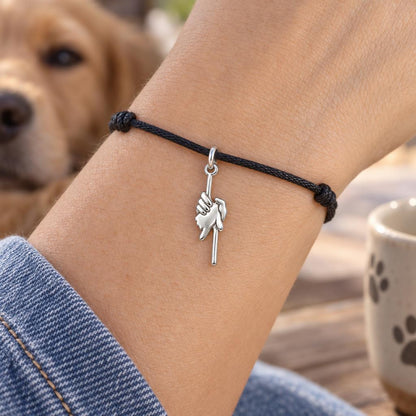 Safe in Your Hands Charm Bracelet – Personalized Dog Mom Gift – worn on the wrist on a black cord bracelet