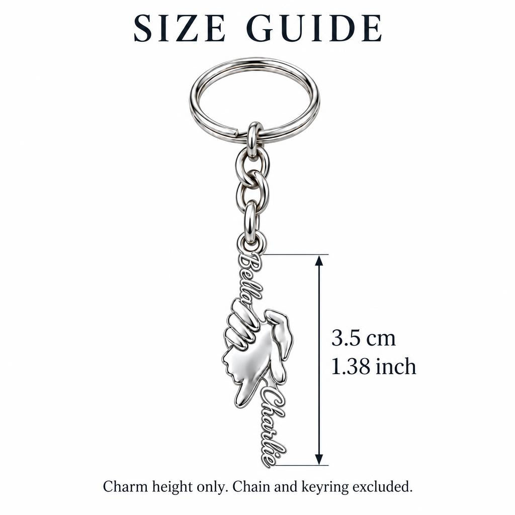 Safe in Your Hands Charm Keychain – size guide, 3.5 cm (1.38 in) charm, chain and keyring excluded