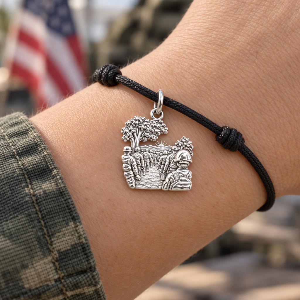 Safe Return Soldiers Charm Bracelet – Personalized Veteran Gift – worn on the wrist on a black cord bracelet