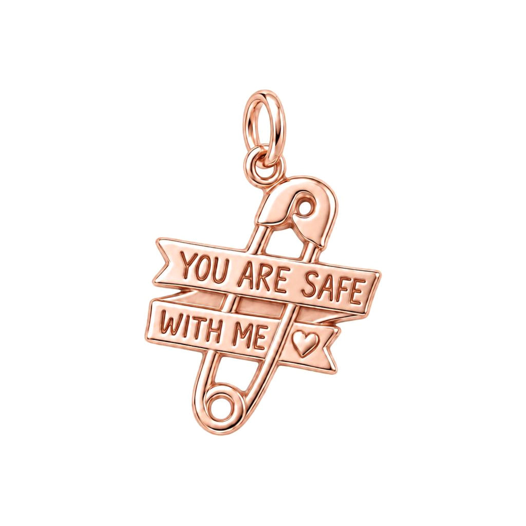 Safe With Me Safety Pin Charm Bracelet – Personalized Mom Gift – rose gold charm, front view