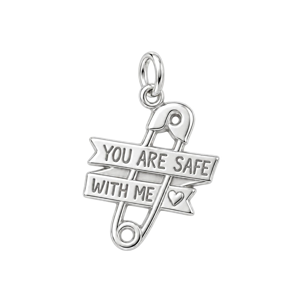 Safe With Me Safety Pin Charm Bracelet – Personalized Mom Gift – silver charm, front view
