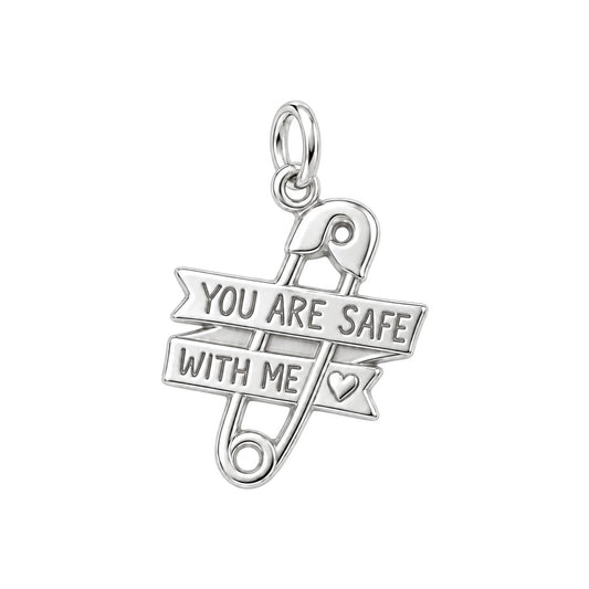 Safe With Me Safety Pin Charm Bracelet – Personalized Mom Gift – silver charm, front view