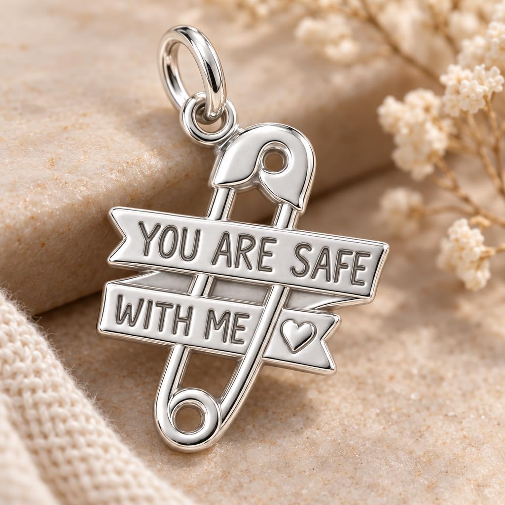 Safe With Me Safety Pin Charm Bracelet – Personalized Mom Gift – macro detail of the charm