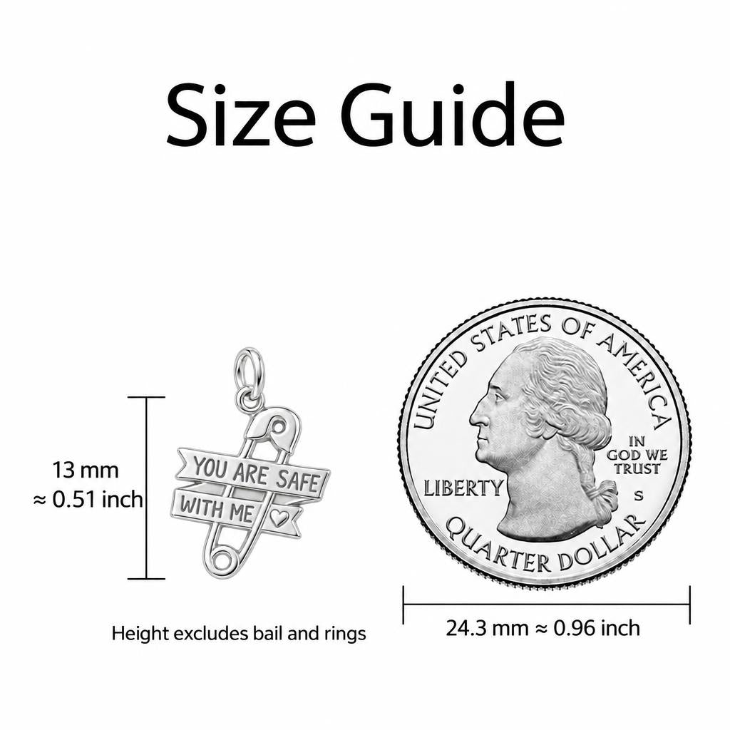 Safe With Me Safety Pin Charm Bracelet – Personalized Mom Gift – size guide, 13 mm charm next to a quarter