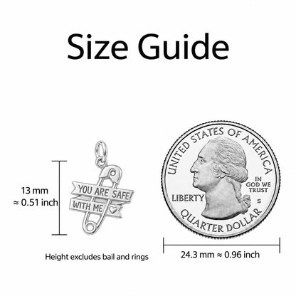 Safe With Me Safety Pin Charm Bracelet – Personalized Mom Gift – size guide, 13 mm charm next to a quarter