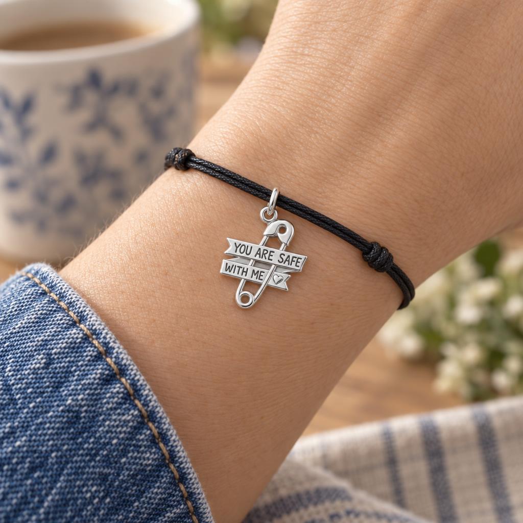 Safe With Me Safety Pin Charm Bracelet – Personalized Mom Gift – worn on the wrist on a black cord bracelet