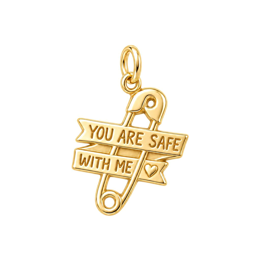 Safe With Me Safety Pin Charm Bracelet – Personalized Mom Gift – 18K gold charm, front view
