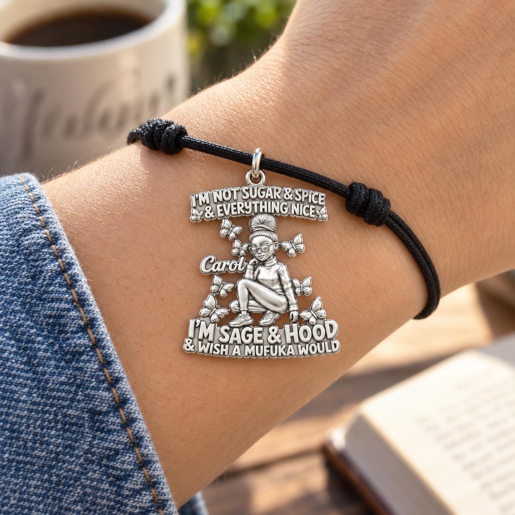 Sage And Hood Butterfly Charm Bracelet – Personalized Bestie Gift – worn on the wrist on a black cord bracelet