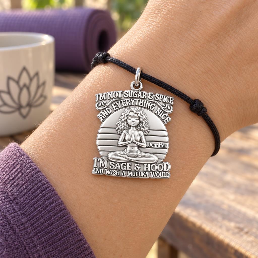 Sage and Hood Zen Charm Bracelet – Personalized Bestie Gift – worn on the wrist on a black cord bracelet