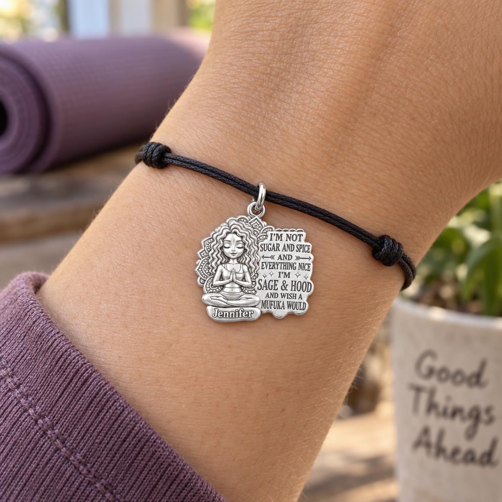 Sage and Hood Zen Girl Charm Bracelet – Personalized Bestie Gift – worn on the wrist on a black cord bracelet