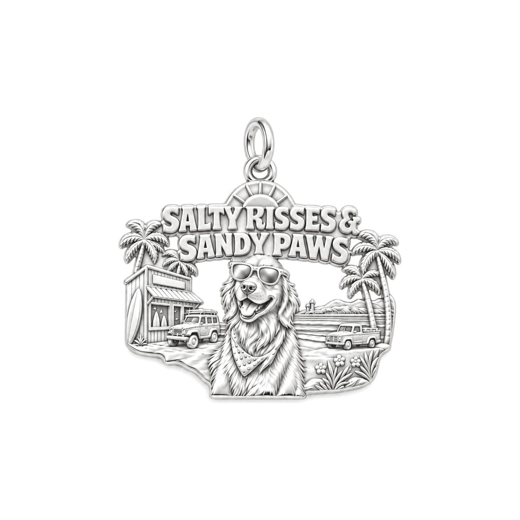 Salty Kisses Sandy Paws Charm Bracelet – Personalized Dog Mom Gift – silver plated 3 cm charm, front view