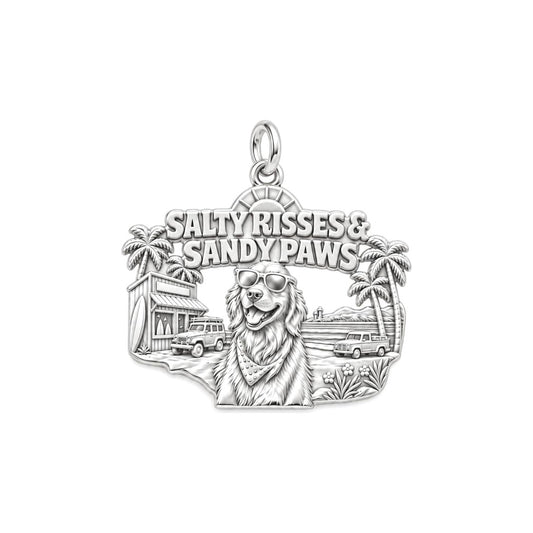 Salty Kisses Sandy Paws Charm Bracelet – Personalized Dog Mom Gift – silver plated 3 cm charm, front view