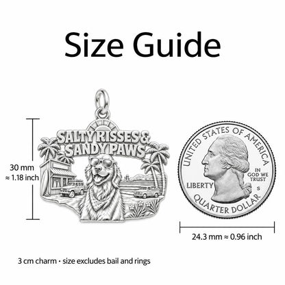 Salty Kisses Sandy Paws Charm Bracelet – Personalized Dog Mom Gift – size guide, 3 cm charm next to a quarter