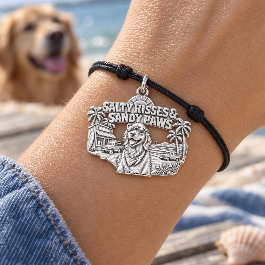 Salty Kisses Sandy Paws Charm Bracelet – Personalized Dog Mom Gift – worn on the wrist on a black cord bracelet