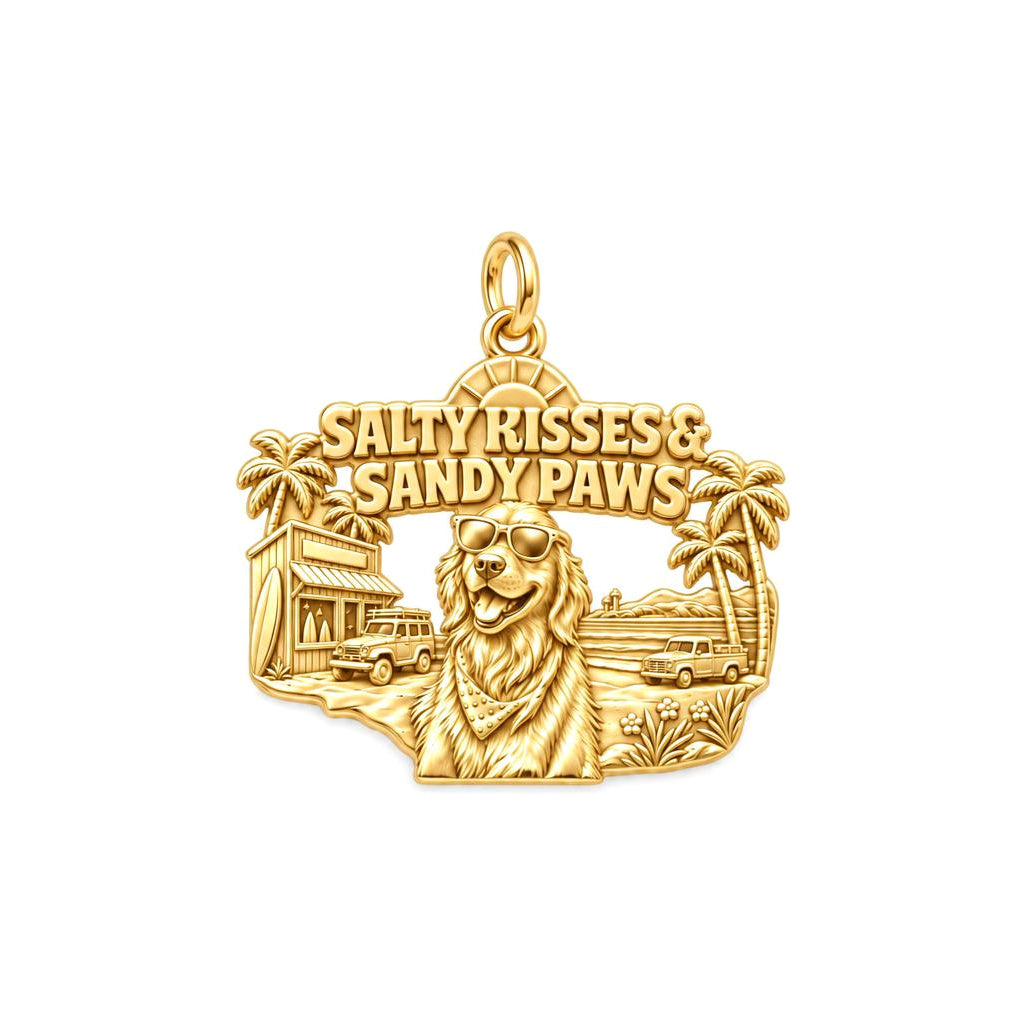 Salty Kisses Sandy Paws Charm Bracelet – Personalized Dog Mom Gift – 18K gold plated 3 cm charm, front view