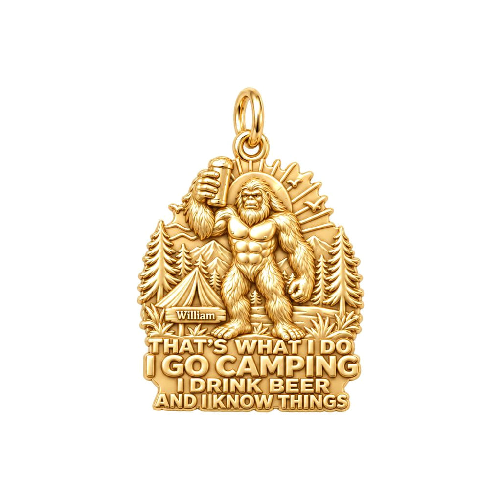 Sasquatch Camping & Beer Charm Bracelet – Personalized Dad Gift – 18K gold plated 3 cm charm, front view
