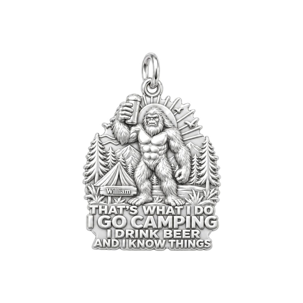Sasquatch Camping & Beer Charm Bracelet – Personalized Dad Gift – silver plated 3 cm charm, front view