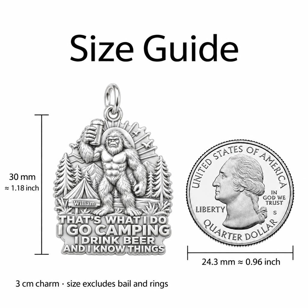 Sasquatch Camping & Beer Charm Bracelet – Personalized Dad Gift – size guide, 3 cm charm next to a quarter