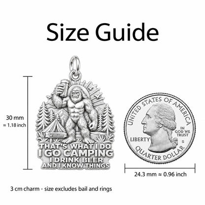 Sasquatch Camping & Beer Charm Bracelet – Personalized Dad Gift – size guide, 3 cm charm next to a quarter