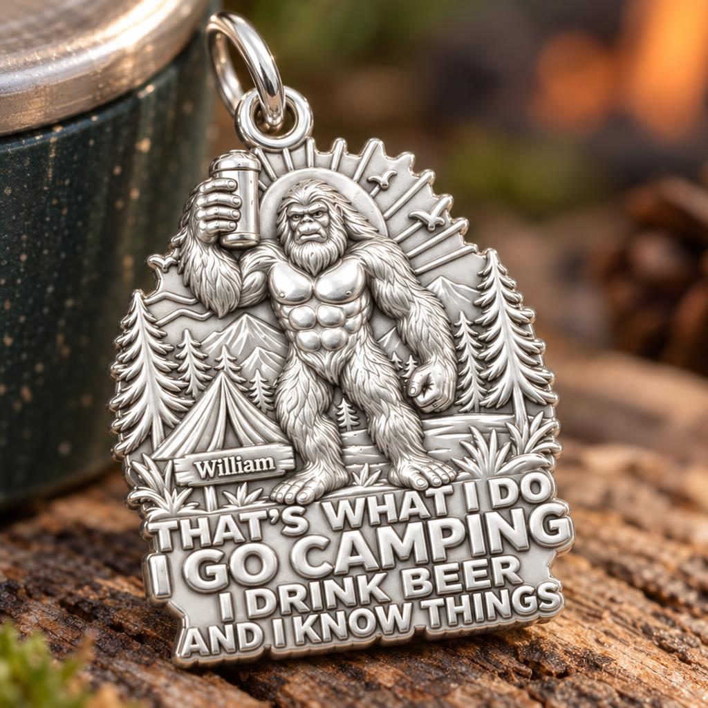 Sasquatch Camping & Beer Charm Bracelet – Personalized Dad Gift – macro detail of the charm