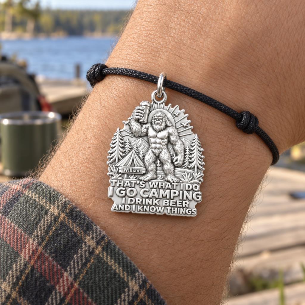 Sasquatch Camping & Beer Charm Bracelet – Personalized Dad Gift – worn on the wrist on a black cord bracelet