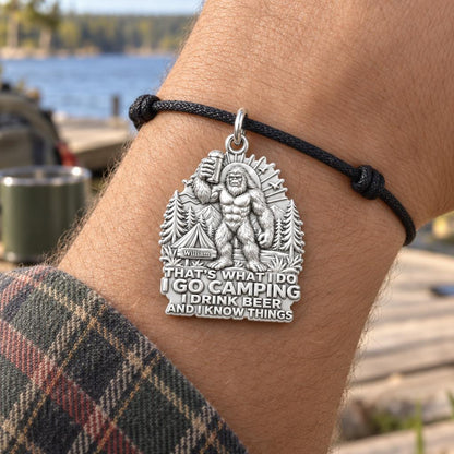 Sasquatch Camping & Beer Charm Bracelet – Personalized Dad Gift – worn on the wrist on a black cord bracelet