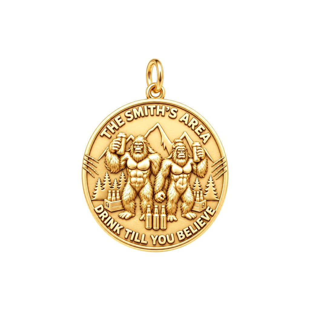 Sasquatch Cheers Charm Bracelet – Personalized Couple Gift – 18K gold plated 3 cm charm, front view