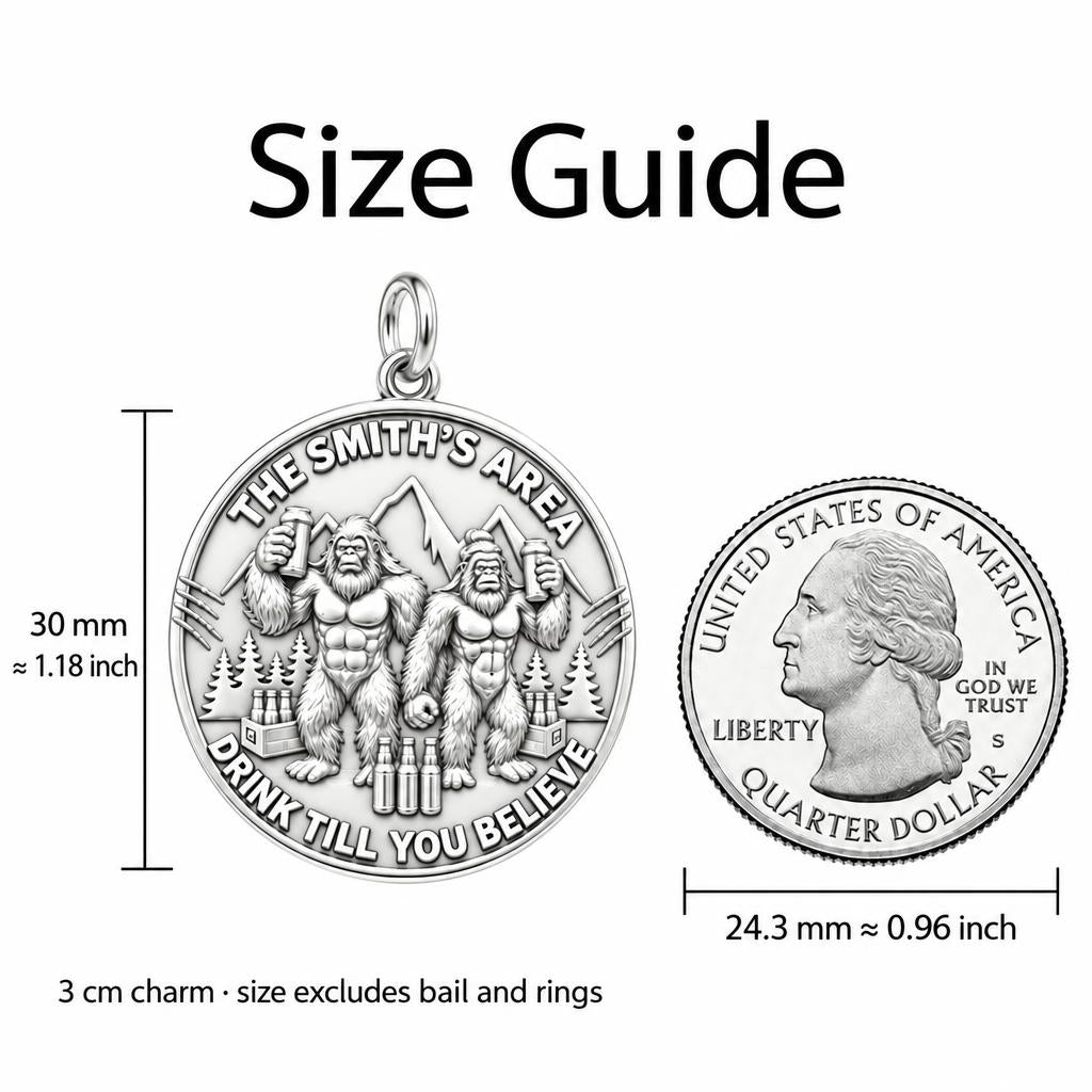 Sasquatch Cheers Charm Bracelet – Personalized Couple Gift – size guide, 3 cm charm next to a quarter