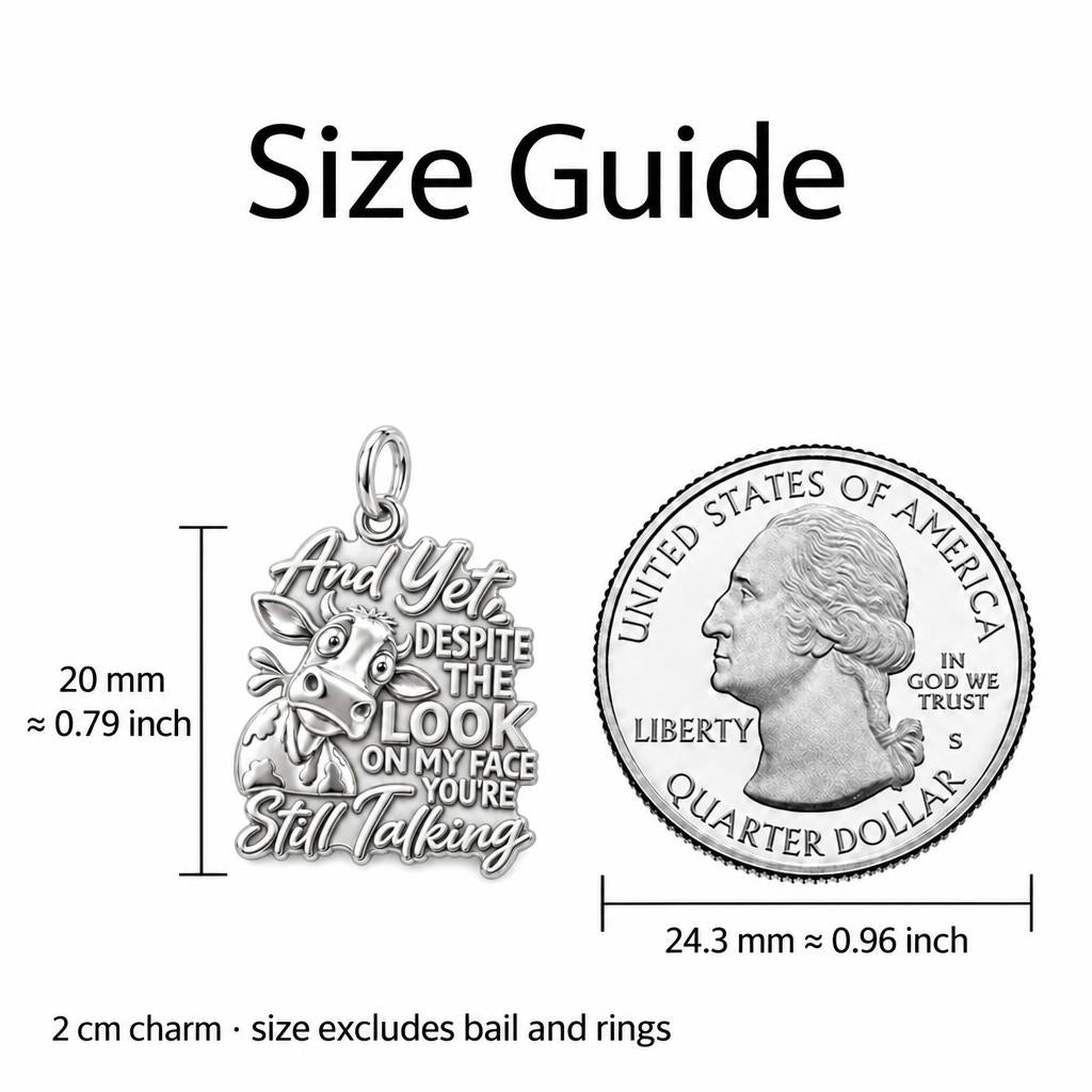 Sassy Cow Attitude Charm Bracelet – Personalized Funny Gift – size guide, 2 cm charm next to a quarter