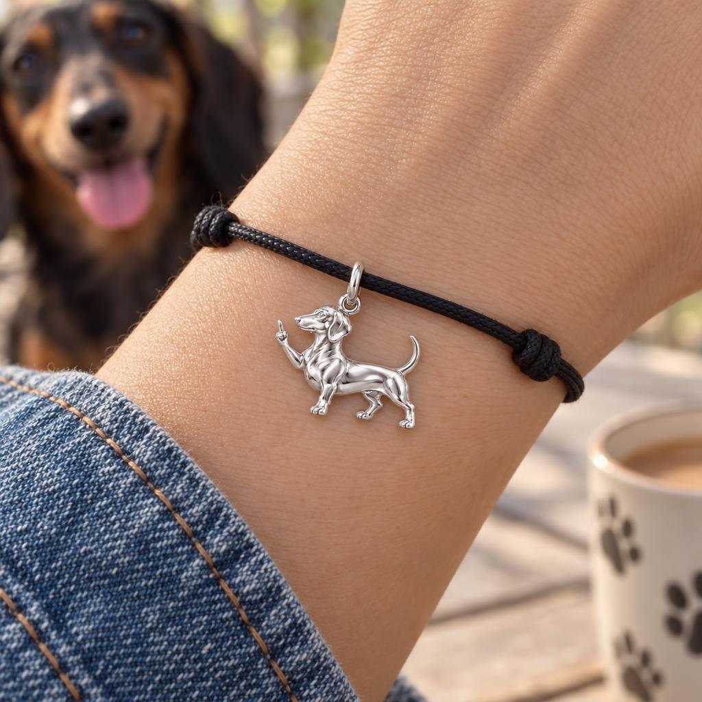 Sassy Dachshund Charm Bracelet – Personalized Dog Mom Gift – worn on the wrist on a black cord bracelet