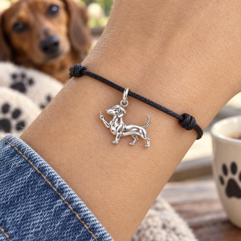 Sassy Dachshund Charm Bracelet – Personalized Dog Mom Gift – worn on the wrist on a black cord bracelet