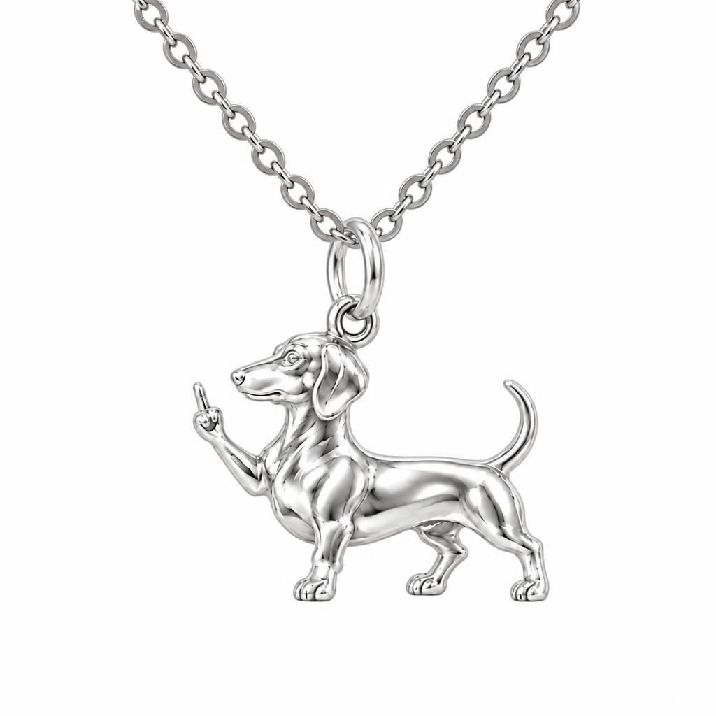Sassy Dachshund Sassing Back Charm Necklace Set – silver, front view