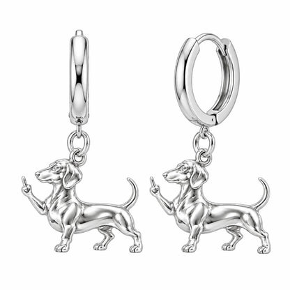 Sassy Dachshund Sassing Back Huggie Charm Earrings – silver, front view