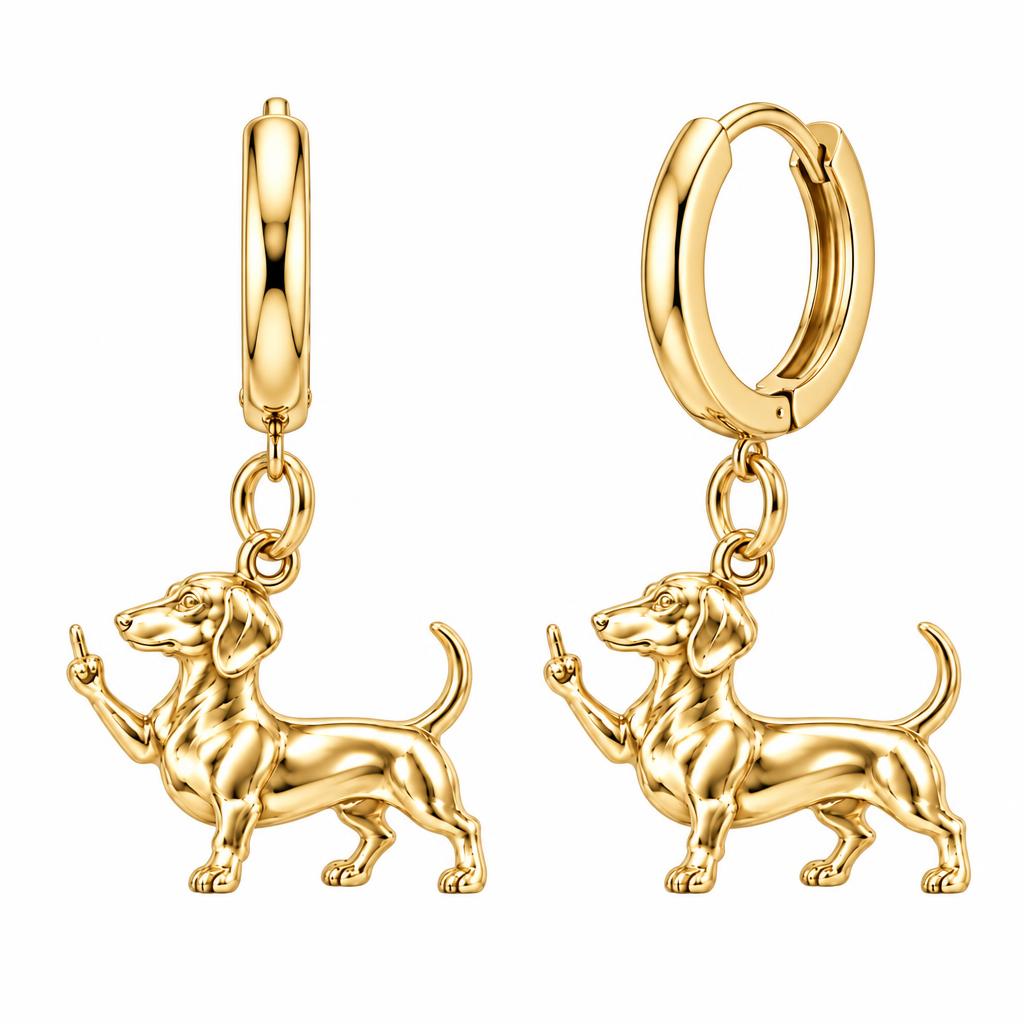 Sassy Dachshund Sassing Back Huggie Charm Earrings – 18K gold, front view