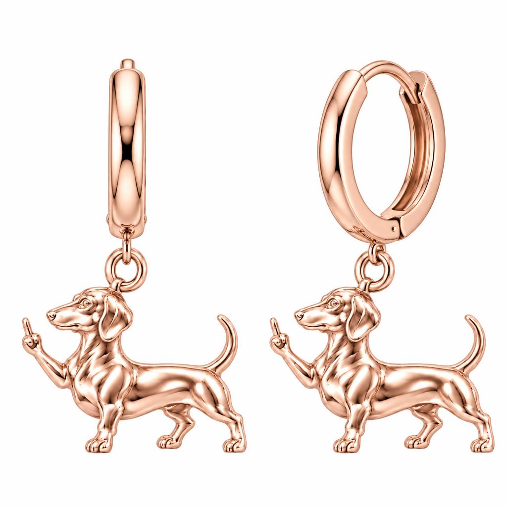 Sassy Dachshund Sassing Back Huggie Charm Earrings – rose gold, front view