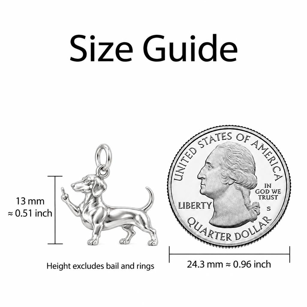 Sassy Dachshund Sassing Back Keepsake Plaque – size guide, 13 mm charm next to a quarter