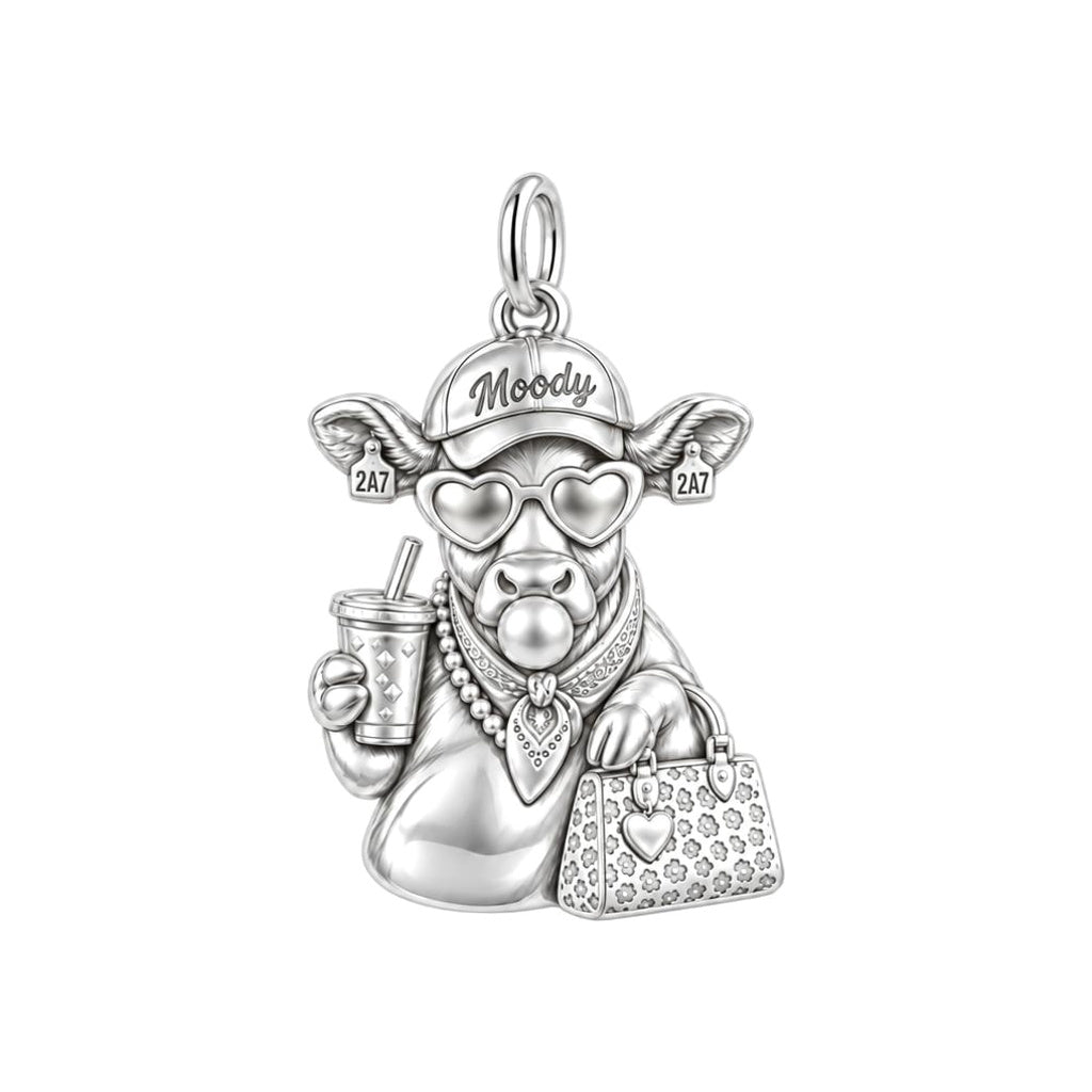 Sassy Farmhouse Cow Charm Bracelet – Personalized Mom Gift – silver plated 2 cm charm, front view