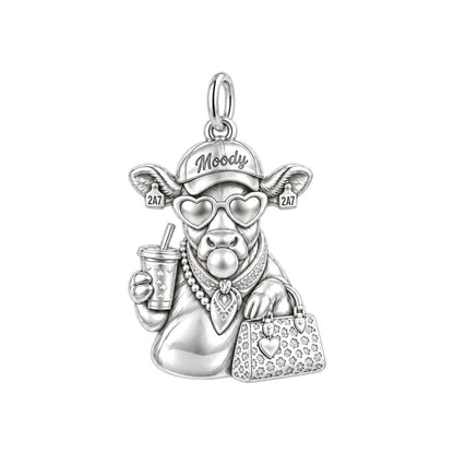Sassy Farmhouse Cow Charm Bracelet – Personalized Mom Gift – silver plated 2 cm charm, front view