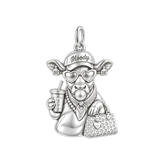Sassy Farmhouse Cow Charm Bracelet – Personalized Mom Gift – silver plated 2 cm charm, front view