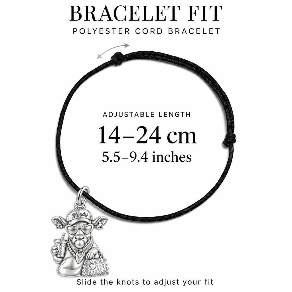 Sassy Farmhouse Cow Charm Bracelet – Personalized Mom Gift – adjustable black cord bracelet, 14–24 cm