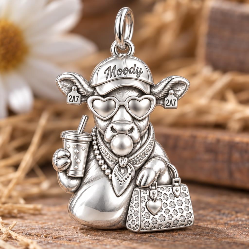 Sassy Farmhouse Cow Charm Bracelet – Personalized Mom Gift – macro detail of the charm