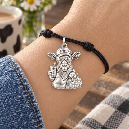 Sassy Farmhouse Cow Charm Bracelet – Personalized Mom Gift – worn on the wrist on a black cord bracelet