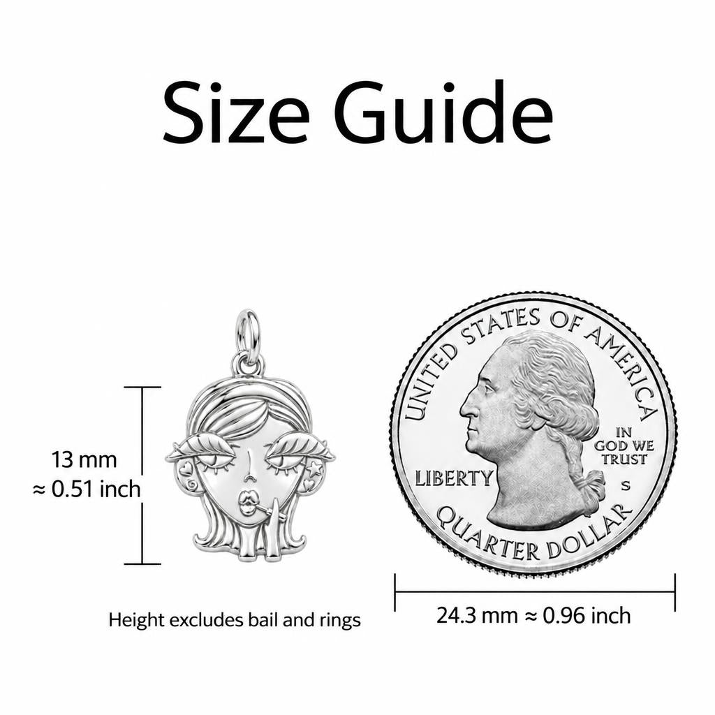 Sassy Girl Silver Charm – Bold Attitude, Iconic Style – size guide, 13 mm charm next to a quarter
